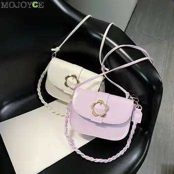 

Solid PU Leather Crossbody Bag Women Classic Texture Delicate Creative Design Chic Flower Buckle Small Shoulder Female Handbag
