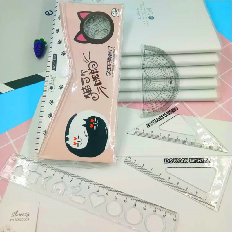 

4 Pcs/set Cartoon Cat ruler Transparent set ruler School Student Kids Tool Multifunction drawing Plastic ruler set