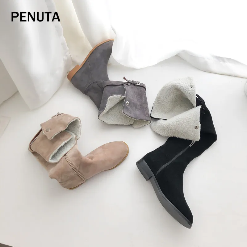 PENUTA/Сапоги выше колена; зимние женские замшевые теплые высокие ботинки на плоской подошве в Корейском стиле; модные высокие сапоги; PB904