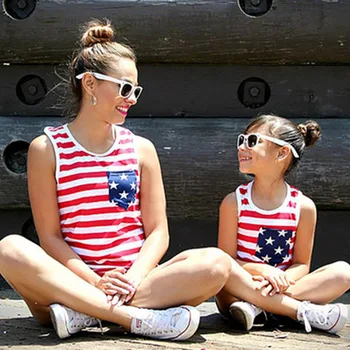 

Mother Daughter Family T-shirt Summer Sleeveless USA Flag Striped Vest Tops Mommy and Me Family Matching Outfits Family Look