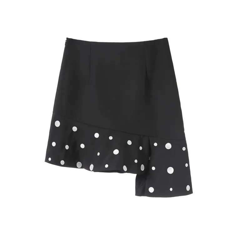 [LIVIVIO] шифоновая рубашка в горошек с длинными рукавами и галстуком-бабочкой, топы, мини-юбка, асимметричные мини-юбки в горошек, комплекты из двух предметов для женщин - Цвет: blackskirt
