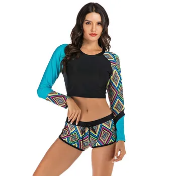 

Long Sleeve Quick Dry Rash Guard Women Backless Swimwear Two Piece Swimsuit Crop Top with Boyshorts Rashguards Surf Suit 2019