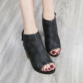 

LAURA VITA Sandals Women 2020 Luxury Retro Genuine Leather Sandals Mid Heel Shoes Laser Engraving Pattern FBA