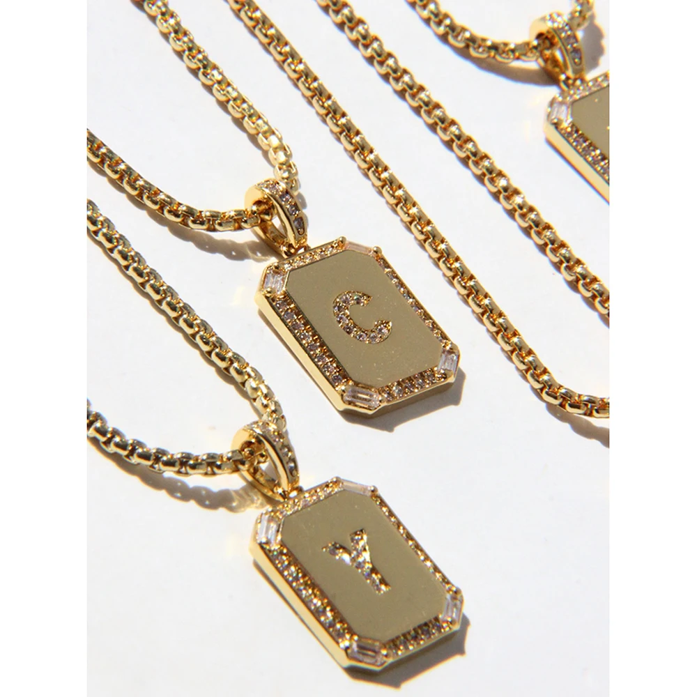 Peri'sBox Classic 26 Letters Square Coin Pendant Necklace Female Inlay Zircon Initial Necklace Pendants Layered Collier Alphabet - Image 4