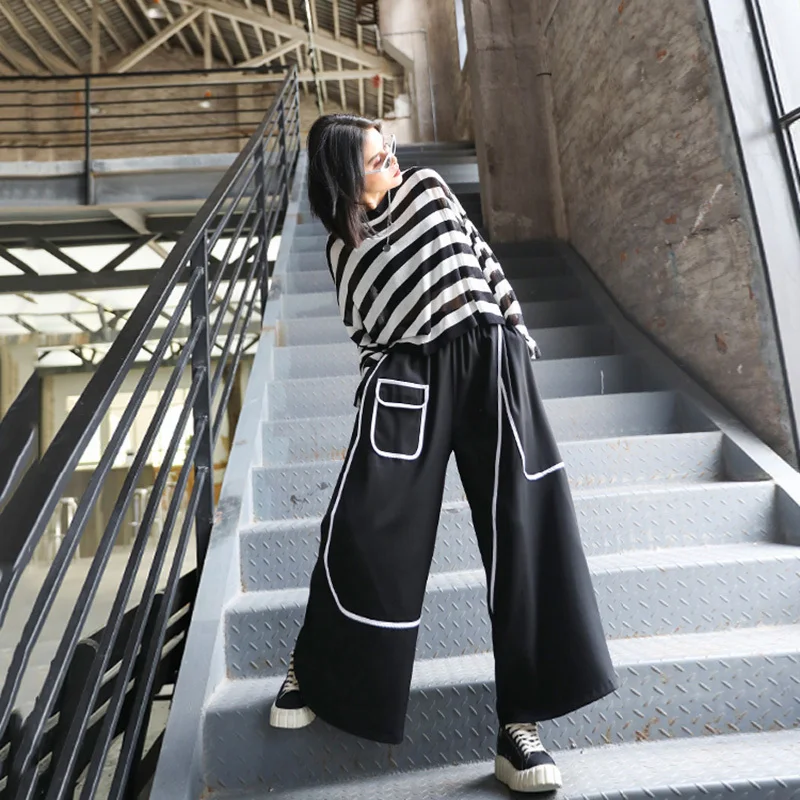 [EAM] High Elastic Waist Black Pocket Split Long Wide Leg Trousers New Loose Fit Pants Women Fashion Spring Autumn 2020 1X812