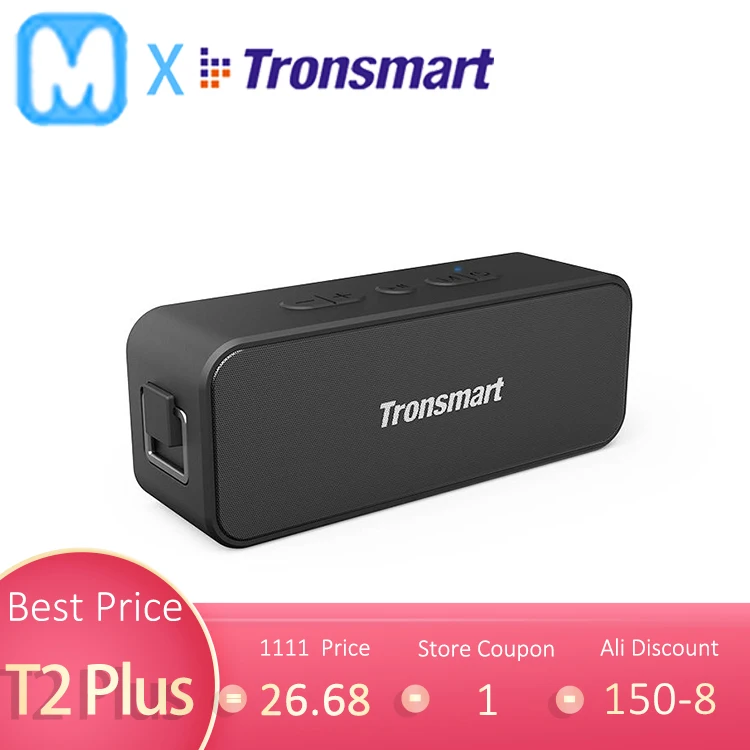 

Original Tronsmart T2 Plus Bluetooth Portable Speaker TWS Bluetooth 5.0 20W 24H IPX7 Small Size Black with Voice Assistant