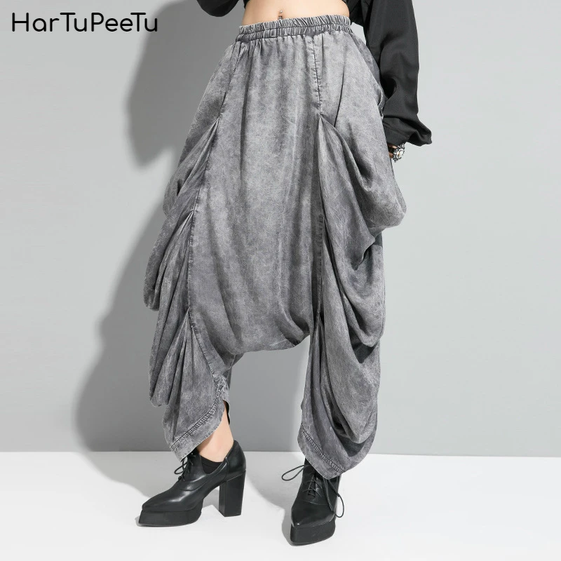 

Vintage Pleated Wide Legged Pants Women Irregular Plus Size Cross Pant Hip Hop Drop Crotch Fashion Streetwear 2020 Spring Summer
