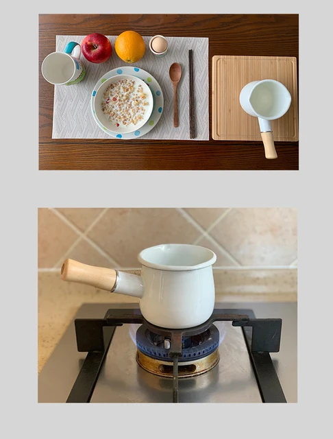 500ml Mini Enamel Coffee Milk Pot With Wooden Handle Saucepan Cookware –  pocoro