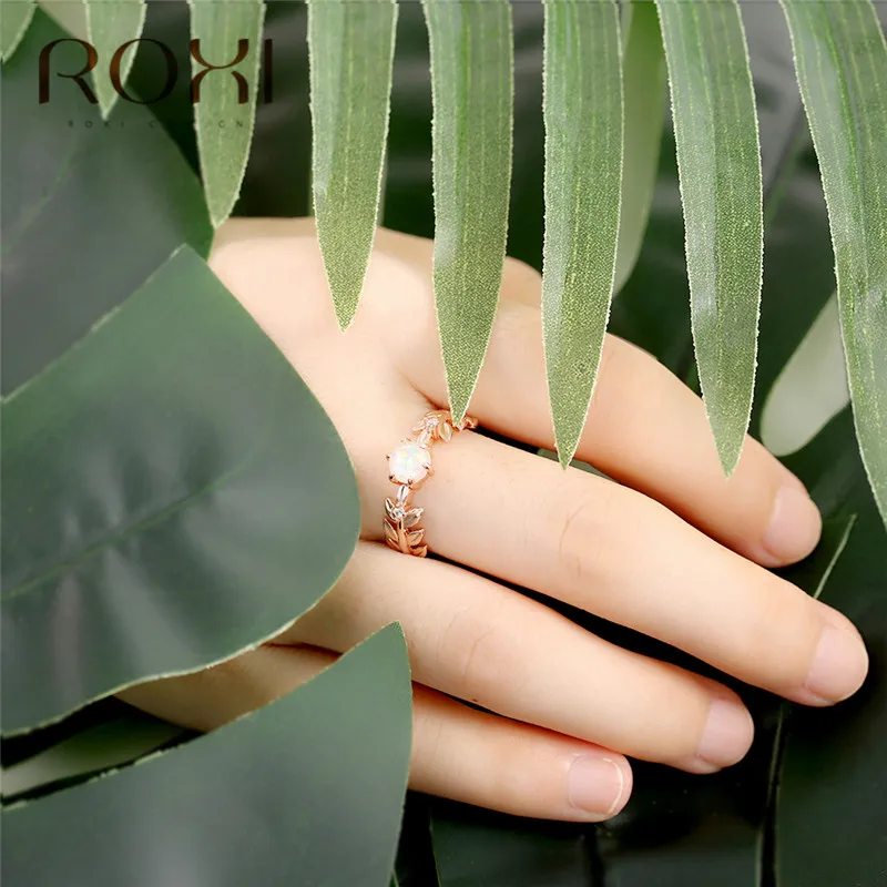 ROXI Cute Laurel Wreath Wedding Rings for Women Olive Tree Branch Leaves Finger Ring Knuckle Jewelry Fire Opal Crystal Rings