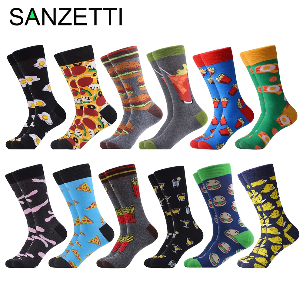

SANZETTI 1 Pair Happy Socks High Quality Men Colorful Combed Cotton Coffee Breakfast Fries Cheese Bacon Gift Wedding Dress Socks
