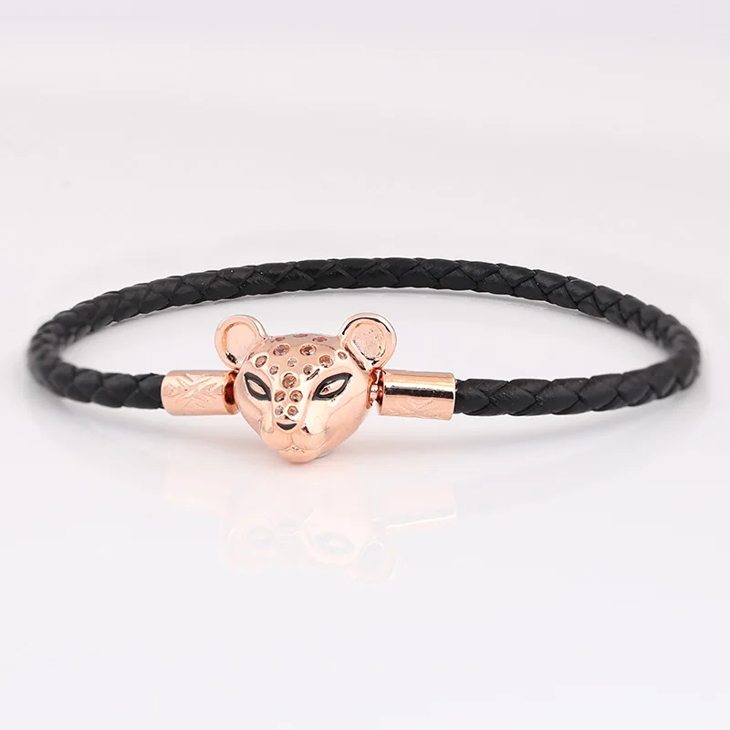 925 пробы серебряный браслет DIY Шарм розовое золото голова леопарда Moments тканый кожаный браслет