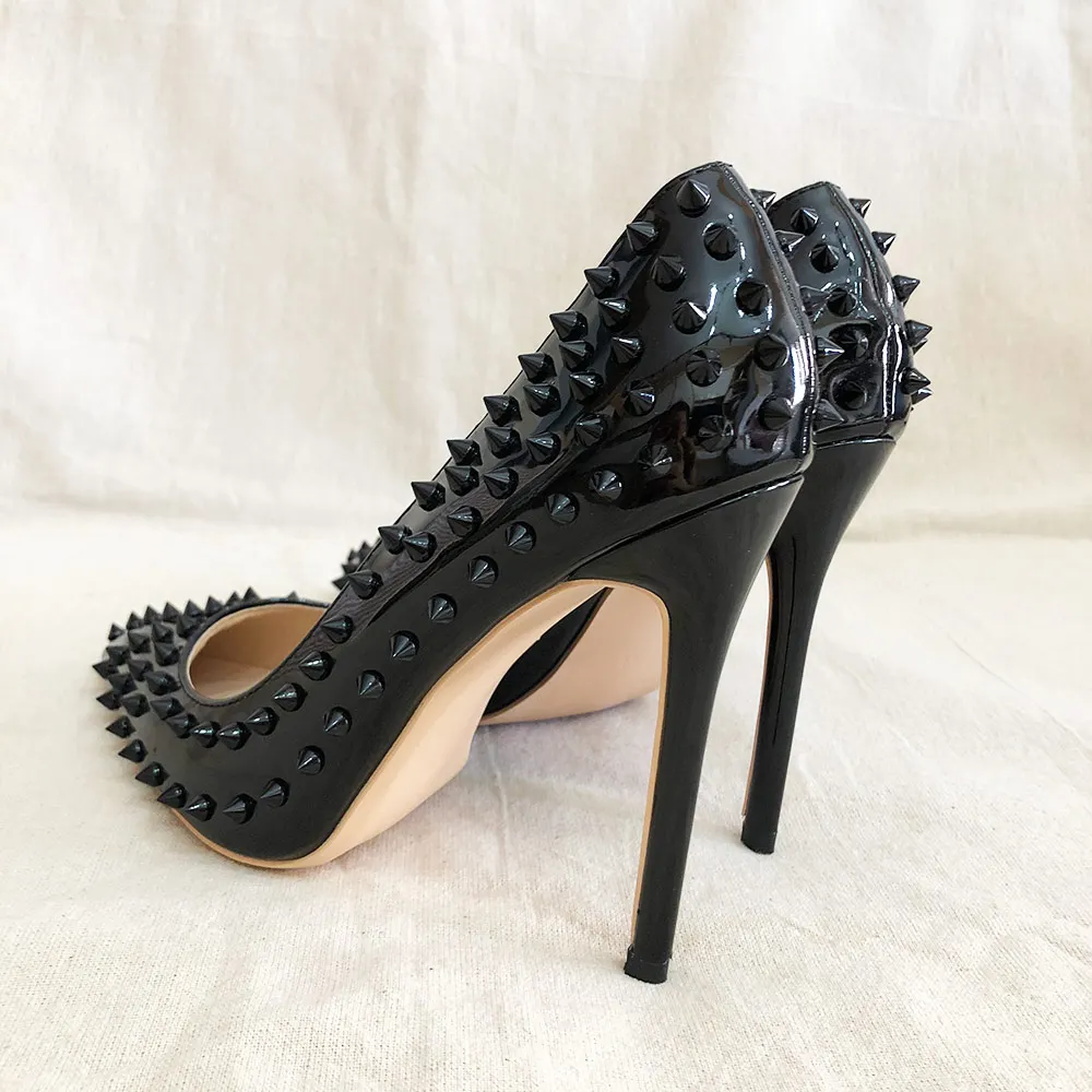 Veowalk Alle Zwarte Vrouwen Glossy Puntige Toe Hoge Hakken Met Spikes Sexy  Stiletto Pyumps Dames Slip Op Klinknagels Party Schoenen