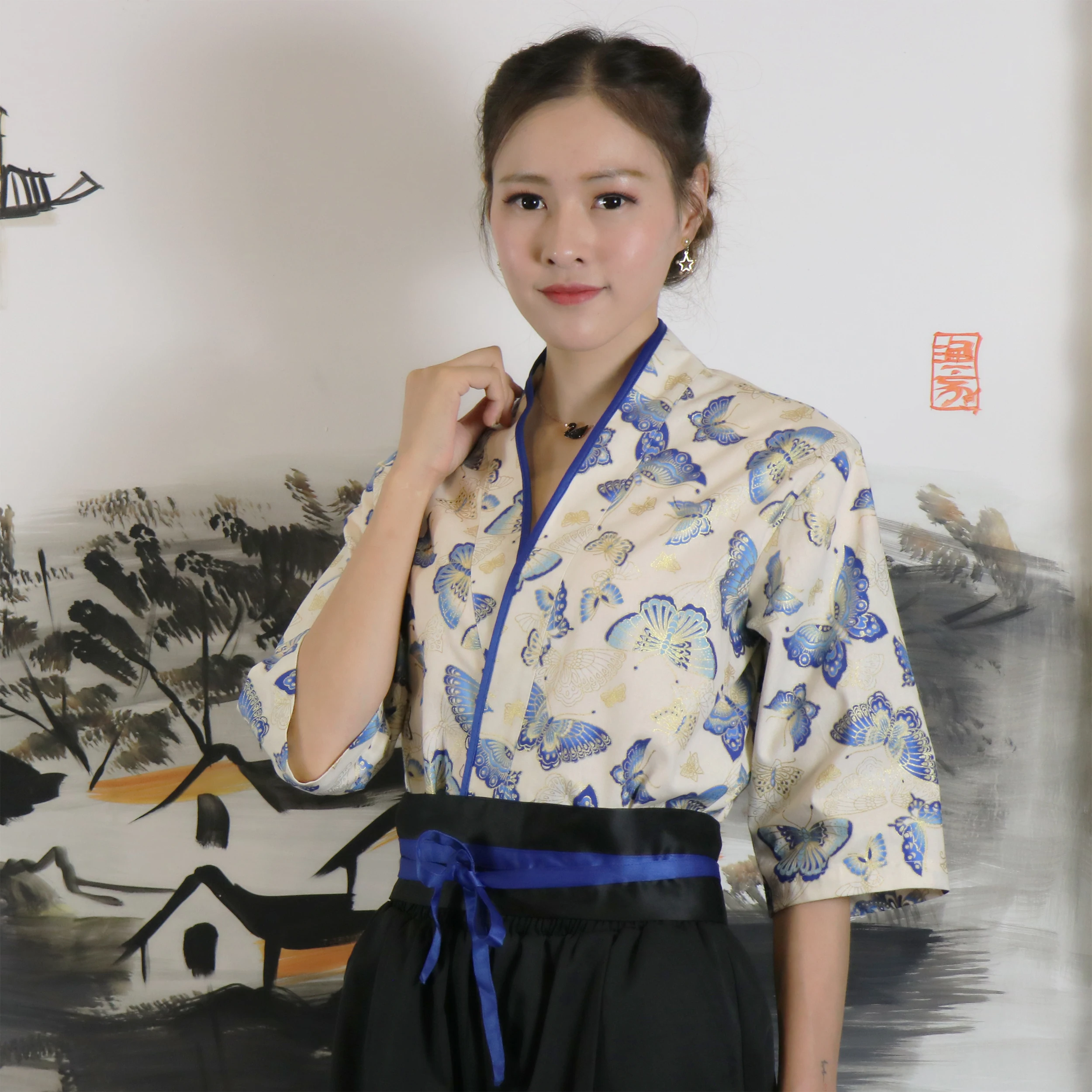 Пользовательские японский стиль женская униформа для шеф-повара Ресторан кухни официантка Рабочая Униформа кимоно суши повара одежда Средний рукав