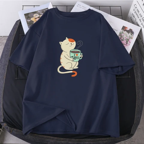 Love Cat Print O-neck 2021 T-shirts Woman Hip Hop Streetwear Tops Fashion High Quality Clothing Short Sleeve Tees K-pop Female