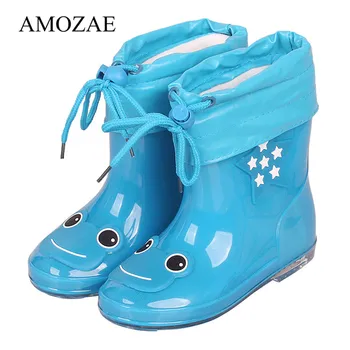 

Children's Rubber Rain Boots Kids PVC Baby Girls Cute Cat Plus Cotton Rain Shoes Pink Waterproof Ankle Boots Size 24-28
