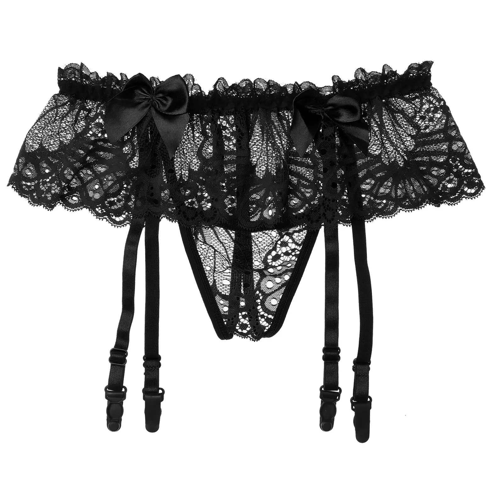 

Sissy Men Panties See-through Lace Skirted Thongs Bowknot Elastic Underpants Gay Underwear Open Crotch G-String with Garter Belt