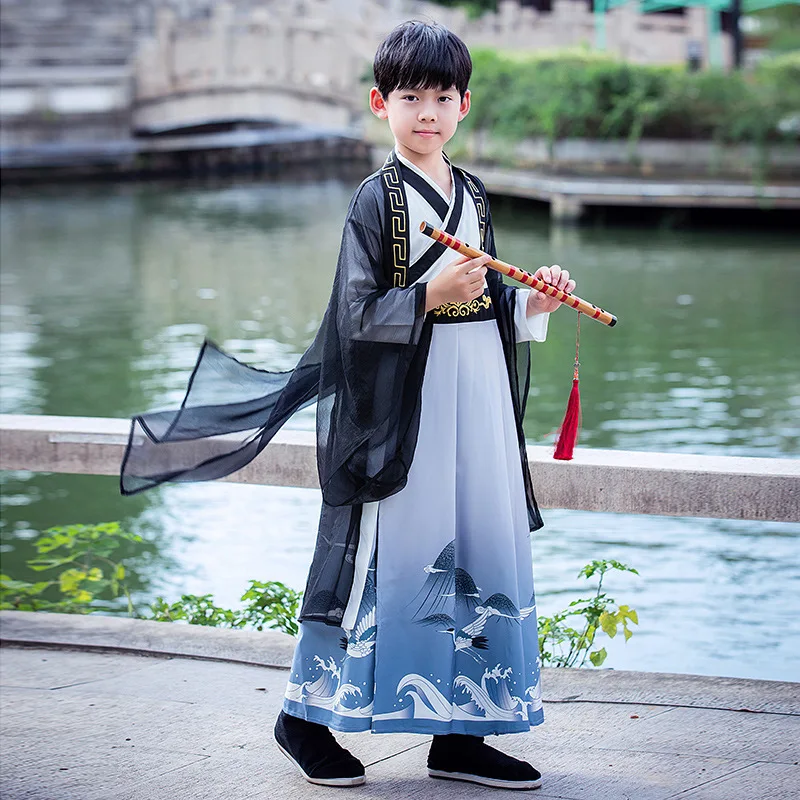 

Chinese Traditional Tang Dynasty Crane Print Hanfu Kids Uniforms Performance Stage Clothing Boy Dance Costume
