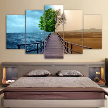 

5 Panel Canvas Art Abstract Ocean And Desert Tree Painting Poster Canvas Print Room Decor Poster Picture Canvas Painting