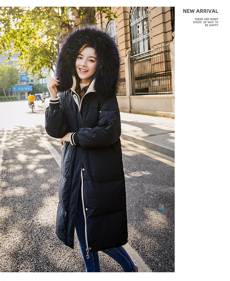 Down Jacket Women's New Style Korean-style Slim Fit Slimming Mid-length over-the-Knee Hooded Thick Large Fur Collar down Fe