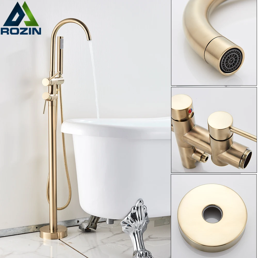 Brushed Golden Floor Mounted Bathtub Faucet Freestanding Tub Mixer