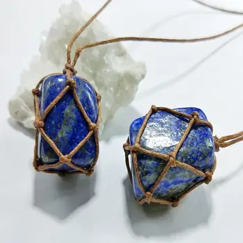 

5PC Natural Lapis Lazuli Stones DIY Handcrafted Jewelry Making Pendant Nacklace With Weave Rope Stone Craft