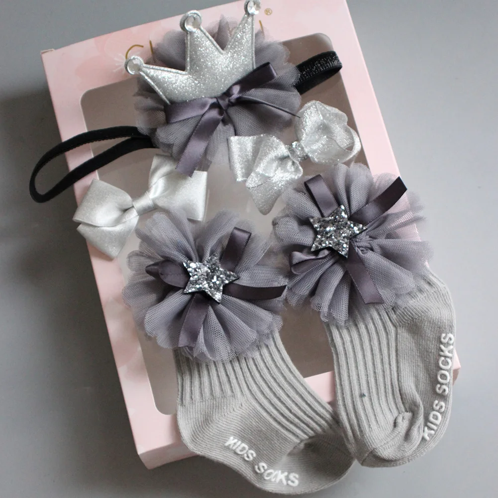 Модные носки для новорожденных малышей+ повязка на голову, подарок для новорожденного, для младенца, детские короткие носки для девочек набор с головной повязкой Цветочная повязка на голову