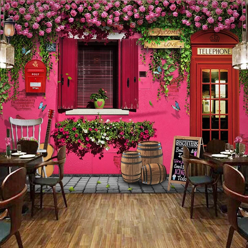 Mural 3D de pared Fachada rosa de casa rural con cabina telefónica MURALES 3D DE PARED Negocios Novedades Vintage y Retro