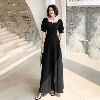 

Autumn New Lady Oversize 3XL Evening Party Dress Sexy Square Collar High Split Slim Qipao Cheongsam Elegant Black Robe De Soiree