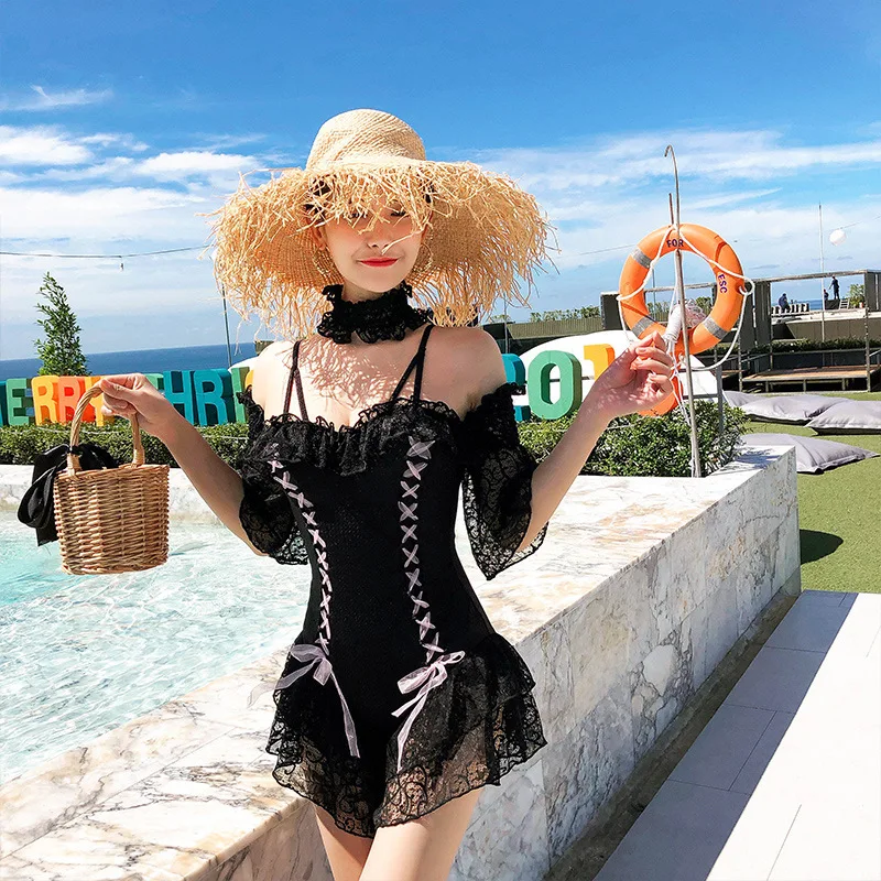 

Swiming Suit Women One Piece Swimwear 2019 Swimsuit Woman Fused Female Korea Ins Swimsuits With Skirt Block Sexy Bikini Lace