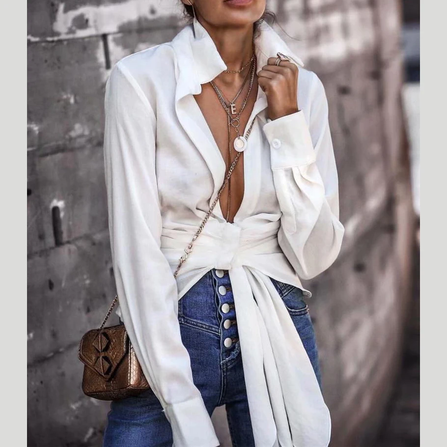 

KHALEE YOSE Sexy Deep V White Shirt Blouse Autumn Office Ladies Long Sleeve Shirts Bow Lace Up Wrap Top Shirts Streewear Women