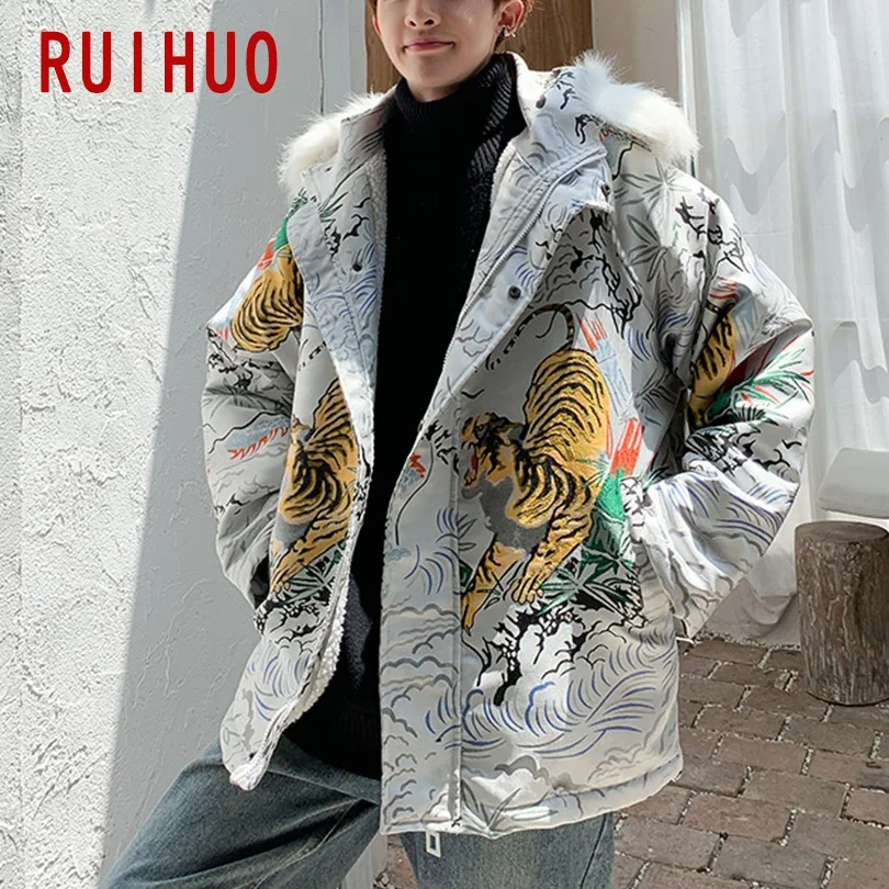 RUIHUO с вышивкой тигра, пальто с капюшоном, мужская куртка, теплая зимняя куртка, мужское пальто, парка, зимнее пальто, мужская одежда, осенняя парка размера xxxl