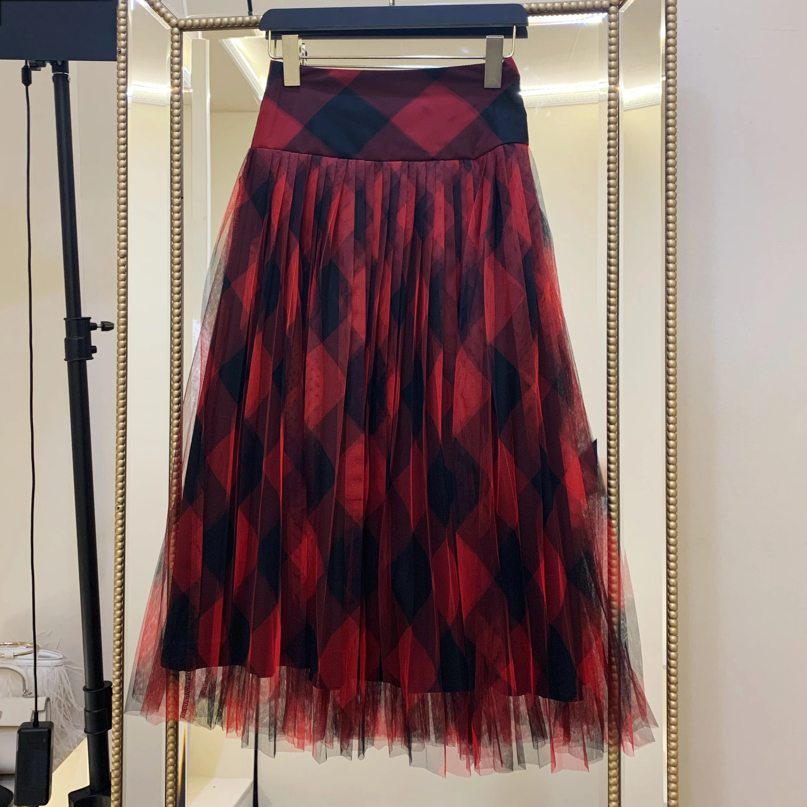 Зимняя женская юбка, новая французская темпераментная элегантная клетчатая юбка с геометрическим рисунком и высокой талией, плиссированная сетчатая юбка, женские юбки