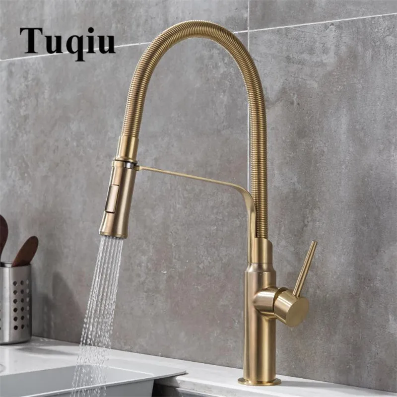 

Tuqiu Kitchen Faucets Brushed Gold Faucets for Kitchen Sink Single Lever Pull Out Spring Spout Mixers Tap Hot Cold Water Crane