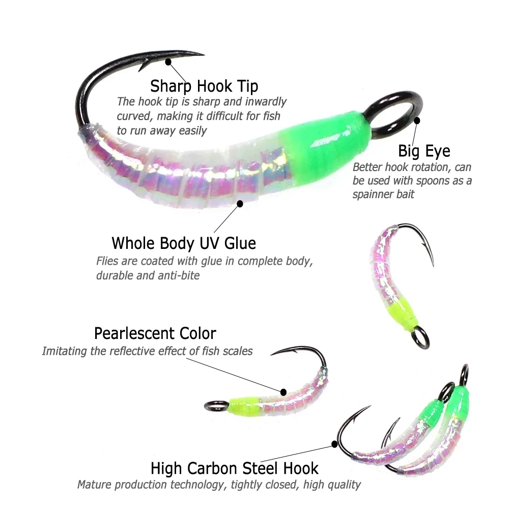 Bimoo 6PCS Size #8~ #18 Flash Gliss Body Nymph Fly Larvae Trout Fishing Flies Bait Lure with Big Eye Hook Artificial Bait Green
