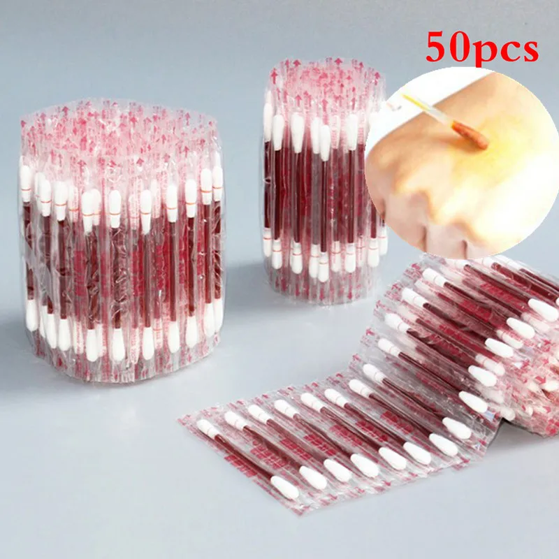50/10PCS Multifunction Disinfected Stick Make Up Wood Iodine Disposable Medical Double Cotton Swab Makeup Portable Bar | Красота и
