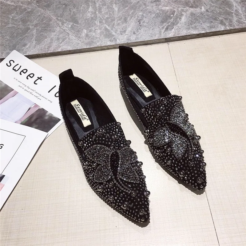 Bling Для женщин Стразы Женская обувь на плоской подошве Мокасины острый носок слипоны Лоферы для удобного вождения обувь женская обувь zapatos mujer