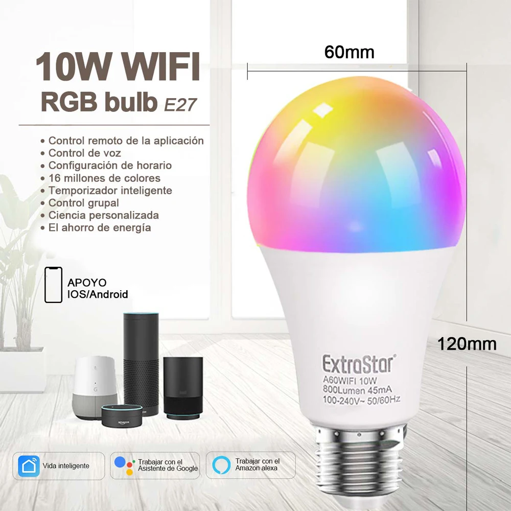 ExtraStar®Only 10W E27 smart LED bulb warm/cold lights & RGB, lamp works with Alexa Google at 2.4GHz