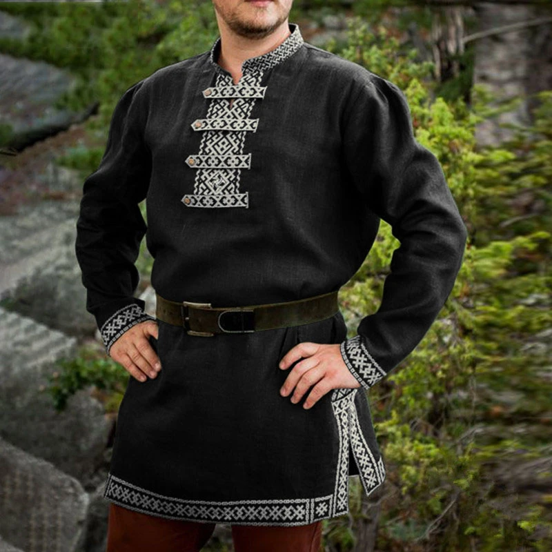 Medieval Knight Warrior Costume Shirt Tunic Long Sleeves Adult Men Nordic Tops Larp Cotton Print Cosplay Size| | - AliExpress