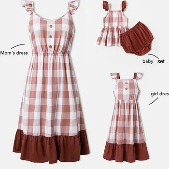 

2020 New Summer Family Look Mother Daughter Clothes Baby Suit Family Matching Outfits Adult Kids Plaid Cotton Dress