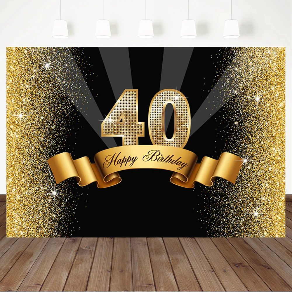 Happy 40th Birthday Backdrop Golden Ribbon Shiny Forty Birthday
