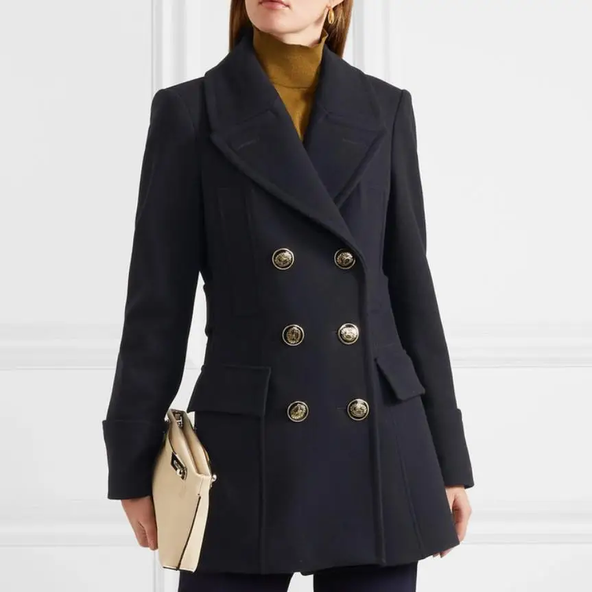 navy blue Осенне-зимнее двубортное шерстяное пальто женское красивое тонкое длинное шерстяное пальто - Цвет: navy blue
