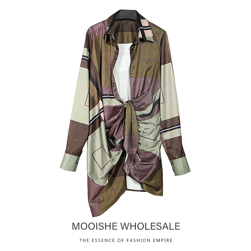 

Printed Shirt Female 2019 Early Autumn New Geometric Color Block Personality Twisted Deep V Neck Shirt Dress