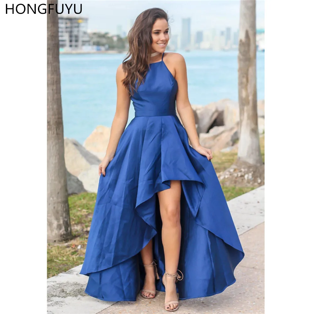 

HONGFUYU Blue Sleeveless High Low Prom Dresses Satin Formal Evening Dress A Line Party Gowns Robe De Soiree Back Zipper Elegant