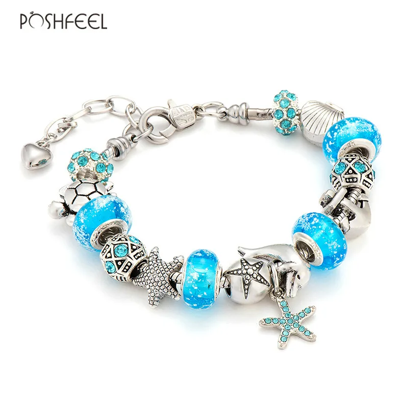 Poshfeel Summer Jewelry Starfish/Turtle Charm Bracelets For Women Blue Murano Glass Beads & Bangles Mbr170276 | Украшения и
