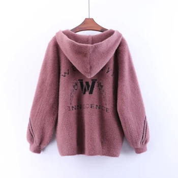

2019 New Spring Autumn Thick Sweaters Female Outwear All-match Knitted Cardigans Faux Mink Cashmere Hooded Jacket Coat