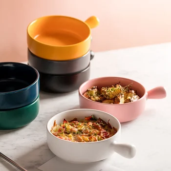 

Ceramic Noodle Bowl With Handle Breakfast Rice Baking Bowl Dessert Soup Fruit Salad Bowl Microwave Oven Special