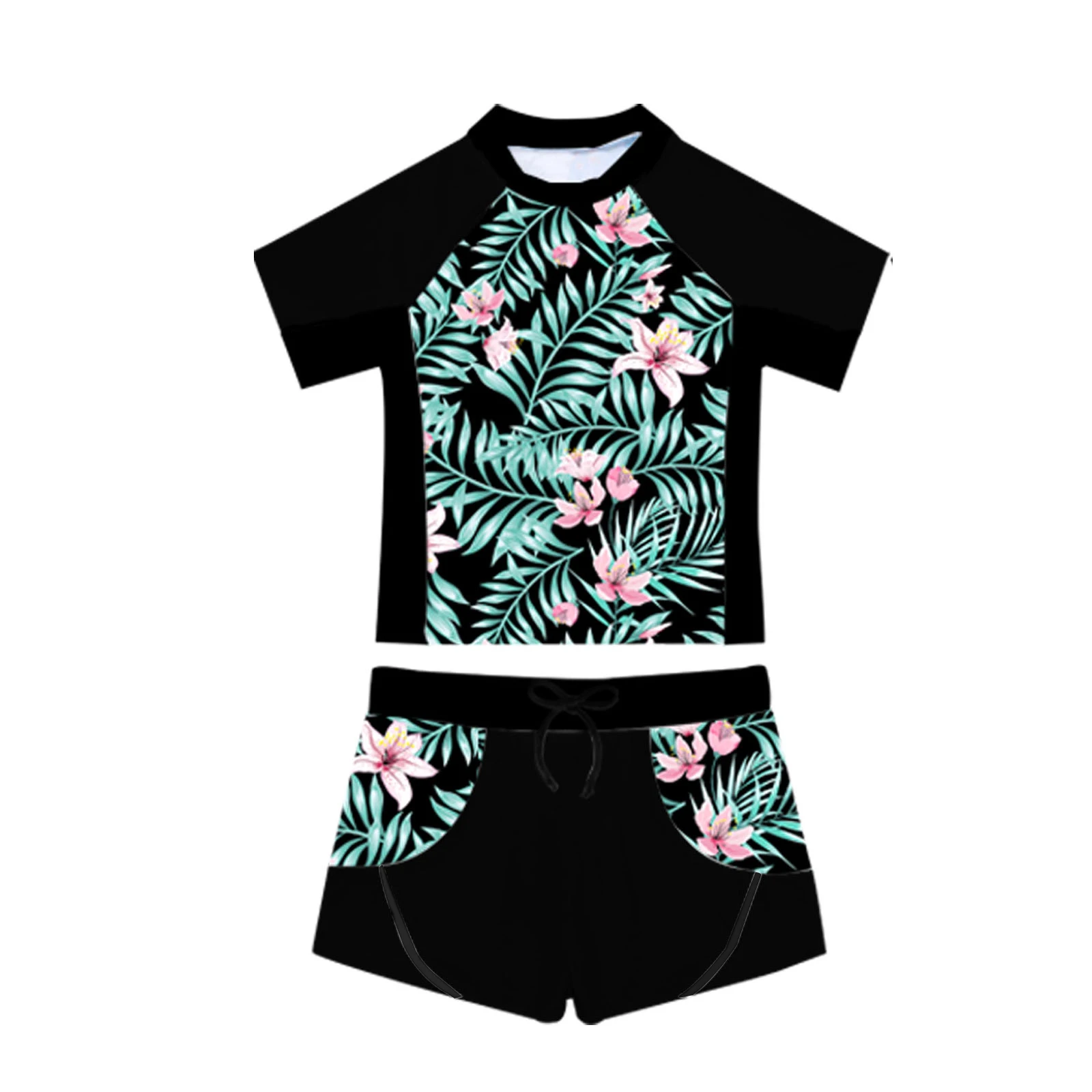 

Kids Girls Swimming Suit Short Sleeves Rash Guards Swimsuits Floral Print Top Drawstring Boyshorts Beach Swimwear Bathing Suits