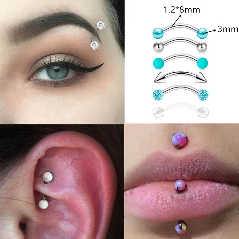 6PCS Stainless Steel Crystal Eyebrow Piercing Set 16G CZ Curved Barbell Helix Daith Piercing Lot Tongue Snake Eyes Bulk piercing jewelry body piercing earrings ear piercing jewelry metal jewelry body piercing jewelry body jewelry