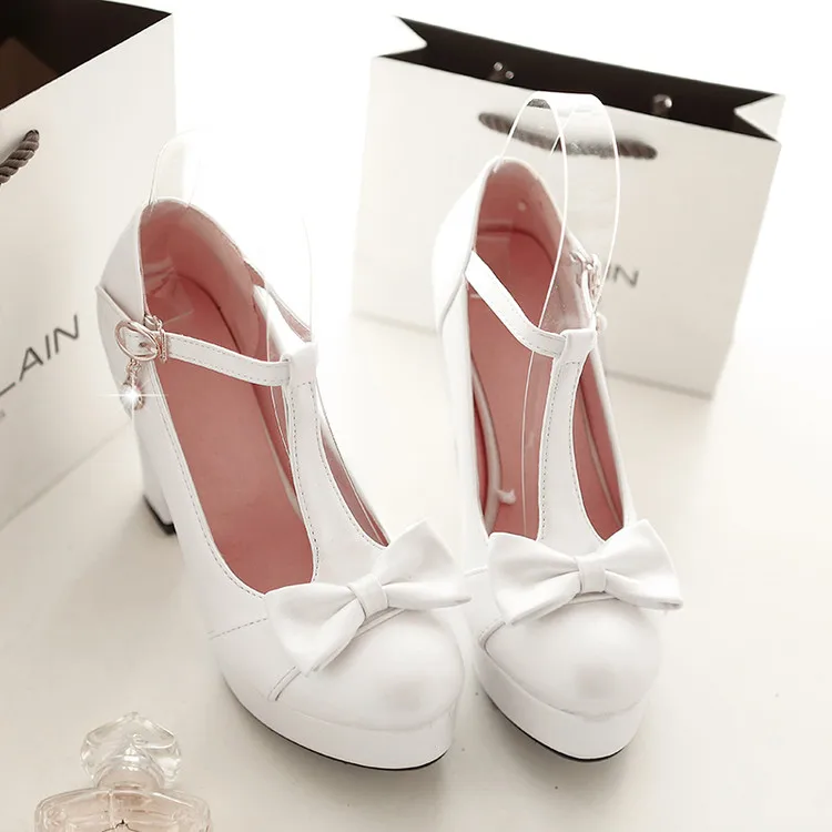 Женские весенние туфли в стиле «лолита» для косплея; женская обувь на каблуке; туфли принцессы на платформе с бантом на высоком каблуке - Цвет: Белый