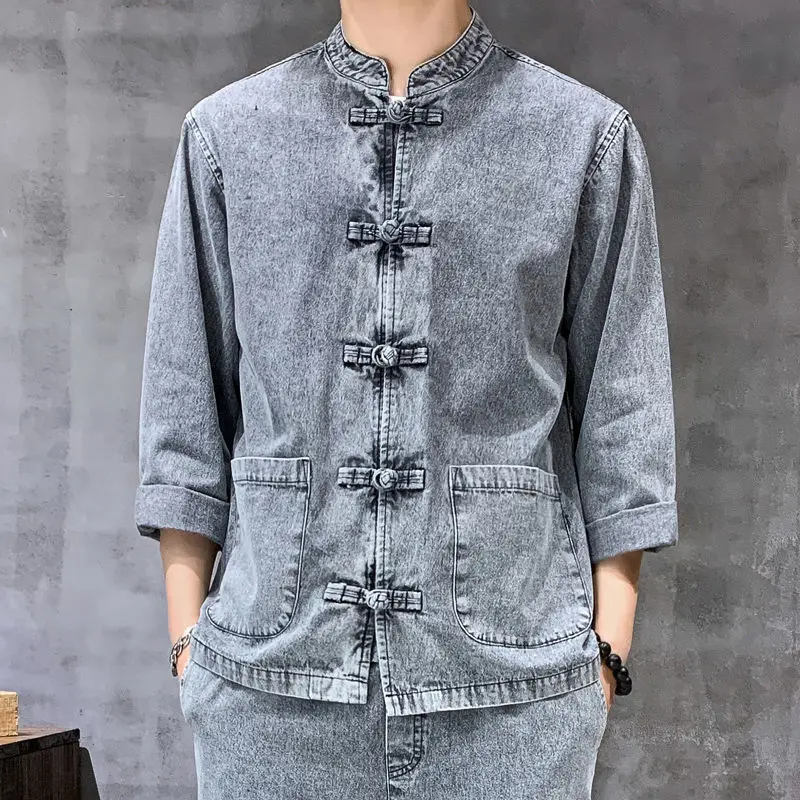 

Chinese Style Denim Jean Jacket Men's Youth Large Casual Stand Collar Retro Embroidery Tang Suit Casual Streetwear Clothes Coat